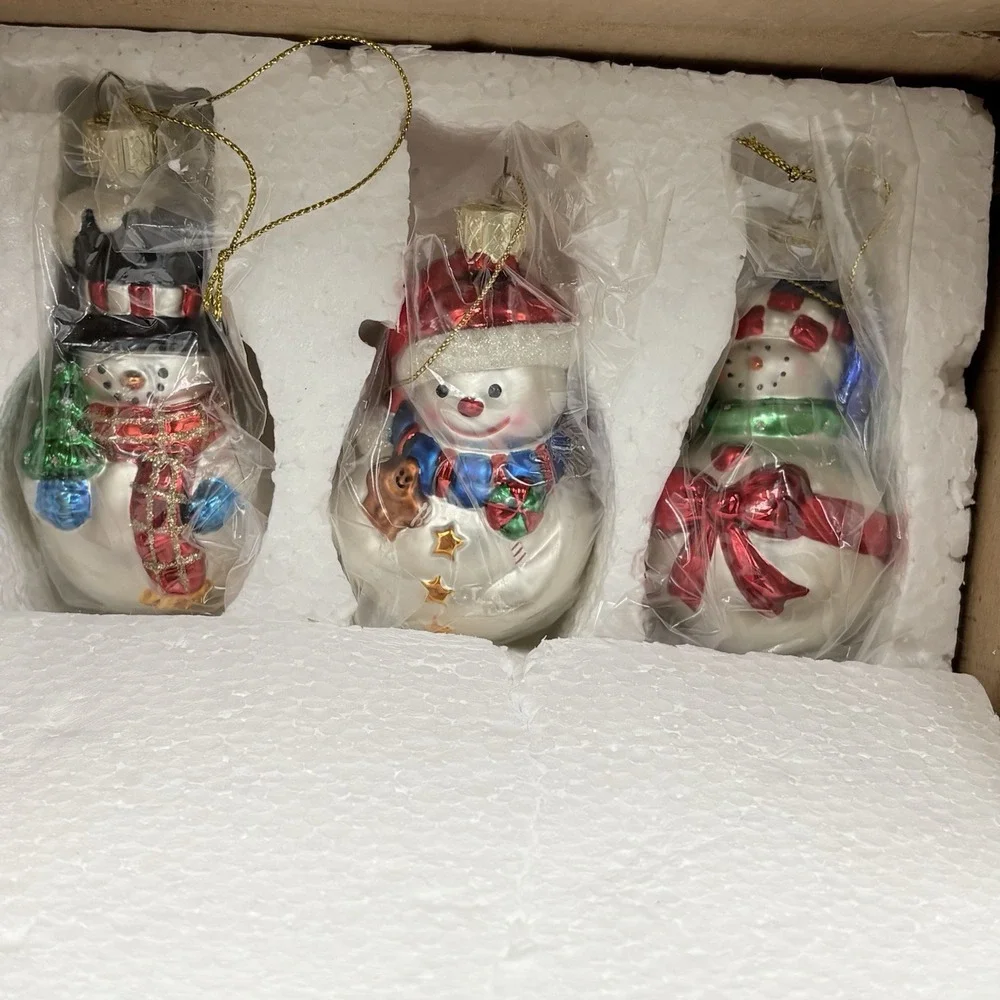 3 Snowman‎ Blown Glass Christmas Ornaments Vintage 3.5